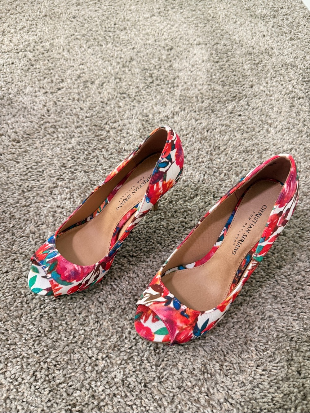 Red Multicolor Floral Peep-Toe Pumps